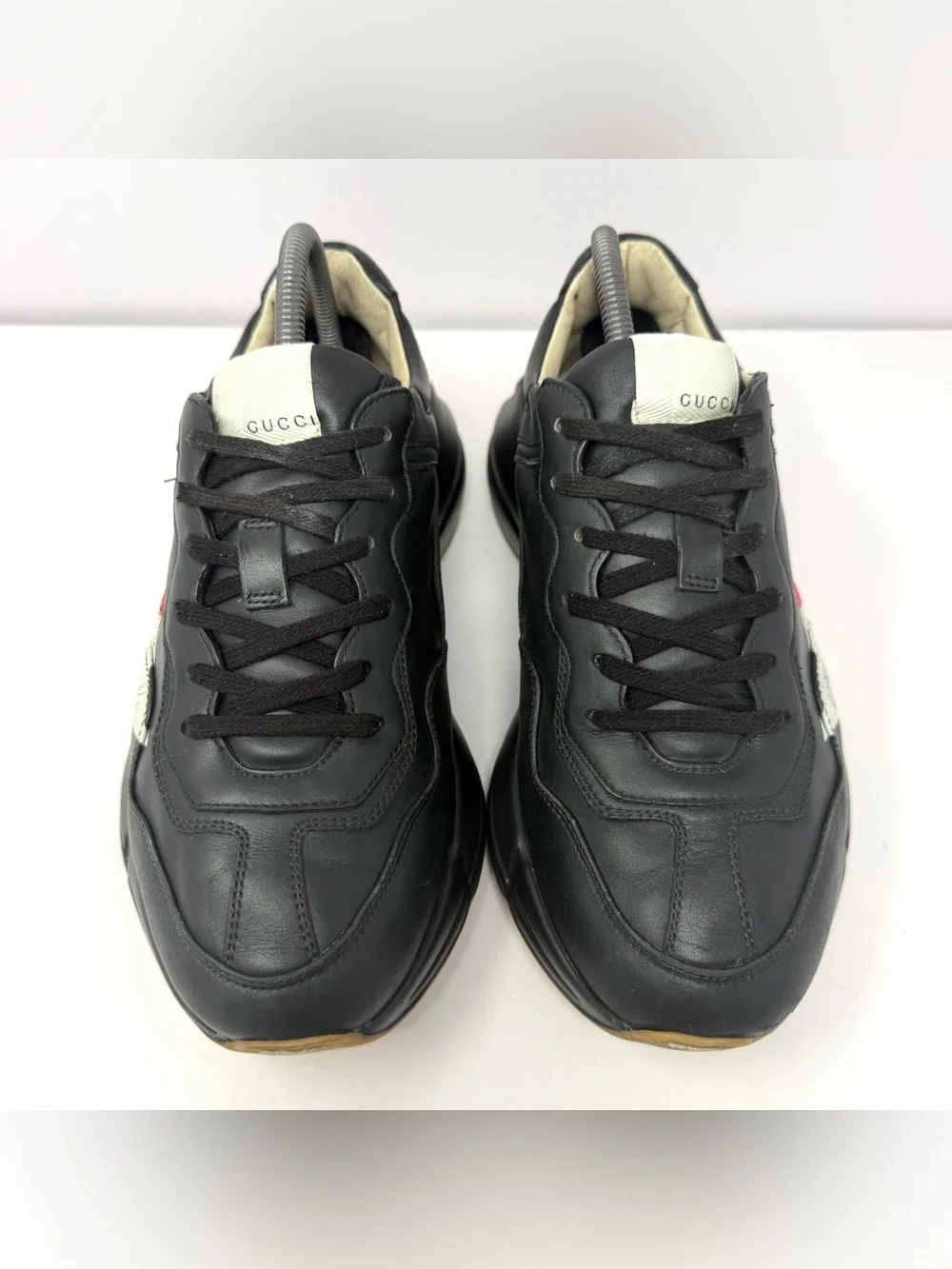 Gucci Men’s Rhyton 523535 Luxury Chunky Sneaker Sz 7 Black Leather Striped Shoe - Picture 2 of 10